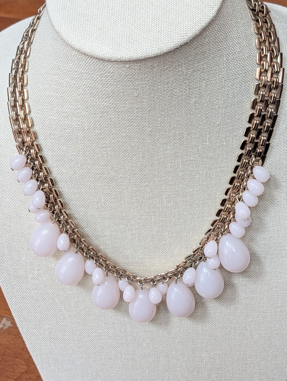 Vintage Talbots Gold-Tone Bib Necklace with Milky White/Blush Glass-Look Drops